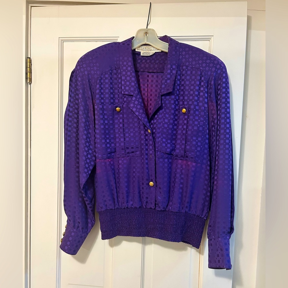 Starington 100% Silk Purple Long Sleeve Blouse with Two Pockets & Brass Buttons